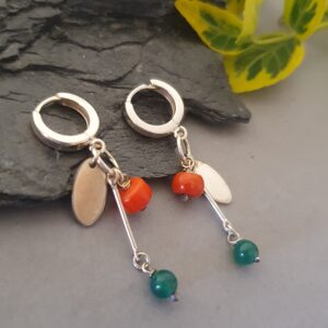 Kolczyki z koralem i awenturynem – srebrne, kobiece kolczyki wiszące | romantyczny prezent dla niej