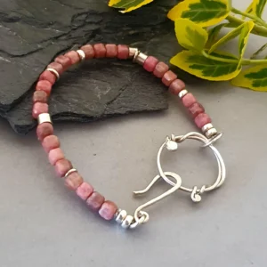 brasnoletka z rodochrozytem| Srebro 925 | Ręcznie wykonana, artystyczna biżuteria z dużym zapięciem