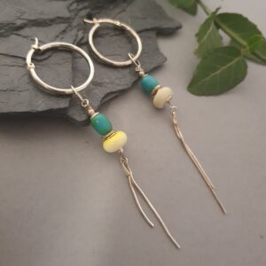 Unikatowe długie kolczyki z turkusem – srebro 925, cytrynowy lampwork