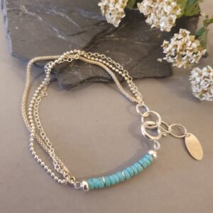 Warstwowa srebrna bransoletka 925 z turkusem i monetą