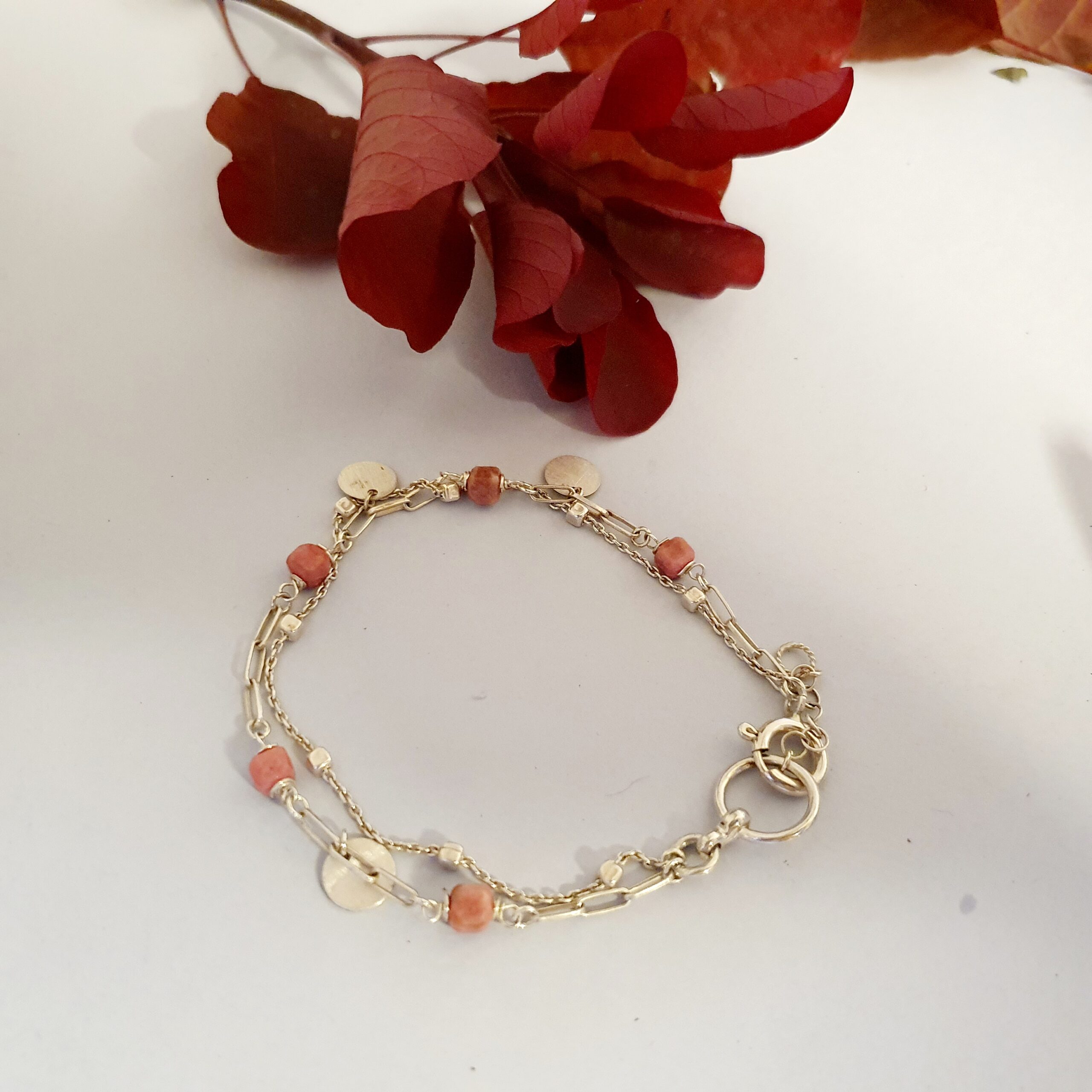 Warstwowa srebrna bransoletka 925 z rodochrozytem i monetami - Image 3