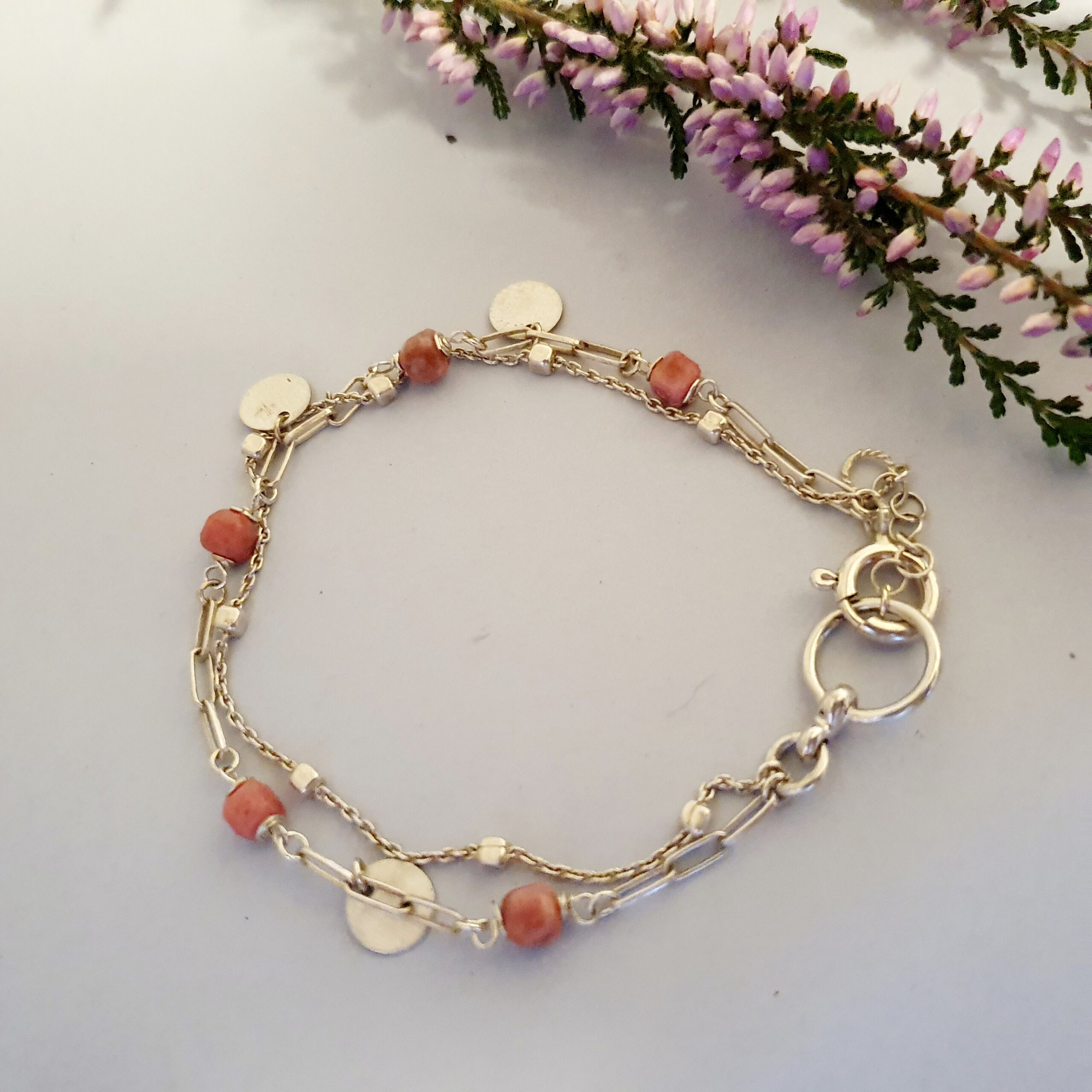 Warstwowa srebrna bransoletka 925 z rodochrozytem i monetami
