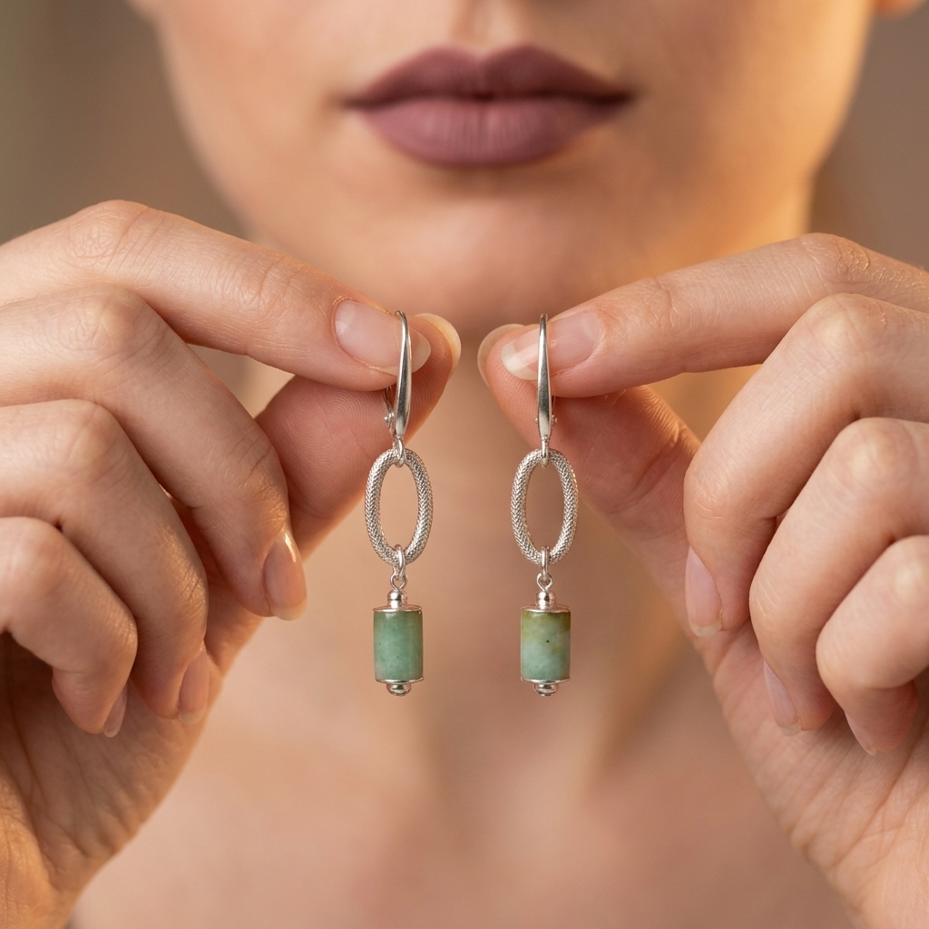 Srebrne 925 kolczyki z opalem peruwiańskim • Naturalny opal mięta • Kolczyki handmade prezent • Eleganckie kolczyki z kamieniem