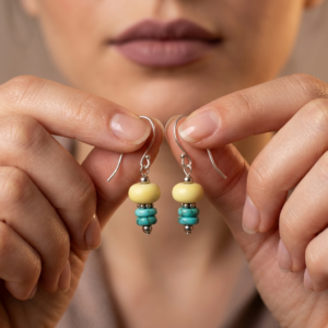 Srebrne kolczyki 925 z koralikami lampwork – turkusowe i żółte szkło, delikatne